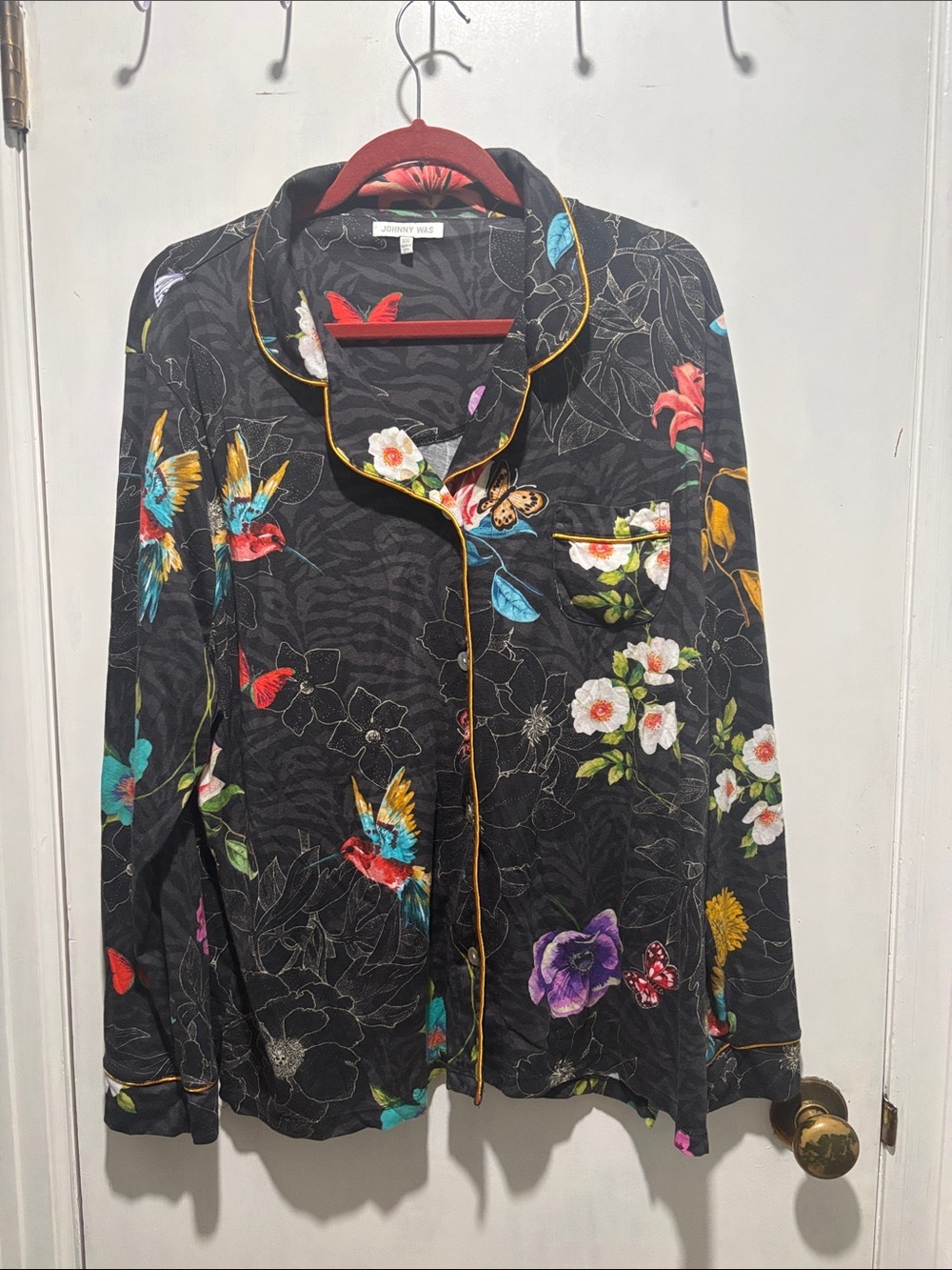 JOHNNY WAS Zippy floral butterfly hummingbird button down pj top cotton XXL